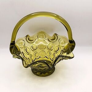 Vintage Green Glass Basket w/Circles & Scalloped Rim 7" X 6"